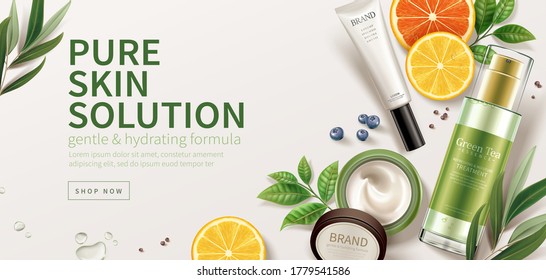 Banner Ad For Natural Beauty Products, Top View Of Cosmetic Mock-ups Set On Ivory Background With Natural Ingredients, 3d Illustration