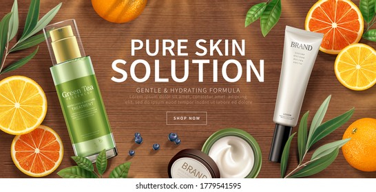 Banner ad for natural beauty products, top view of cosmetic mock-ups set on wooden table with leaves and citrus, 3d illustration