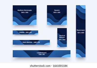 Banner and ad sizes. Paper cut cover templates isolated. Vertical and horizontal brochures, posters. Simple realistic design. Beautiful background. Flat style vector eps10 illustration. Blue color.