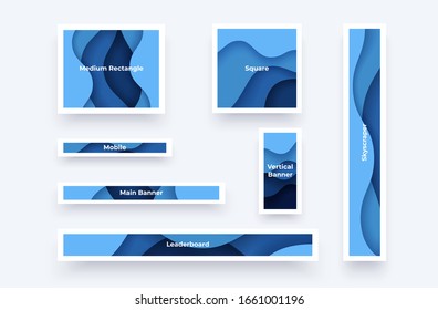 Banner and ad sizes. Paper cut cover templates isolated. Vertical and horizontal brochures, posters. Simple realistic design. Beautiful background. Flat style vector eps10 illustration. Blue color.