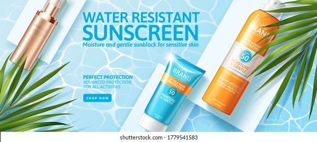 Banner Ad For Summer Beauty Products, Top View Of Cosmetic Mock-ups Set On Swimming Pool With Palm Leaves, 3d Illustration