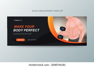 Banner ad template for gym. 3d illustration of strongman lifting barbell. Sports banner design