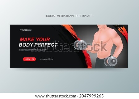 Banner ad template for gym. 3d illustration of strongman lifting barbell. Sports banner design