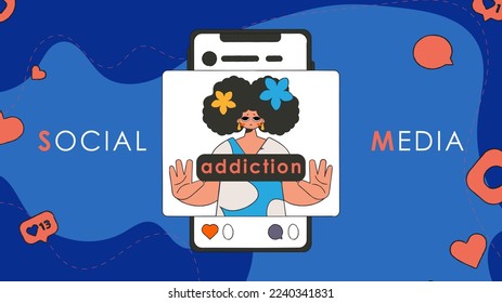 Banner Addiction to social networks. The girl is sad due to the lack of reactions and likes in social networks.