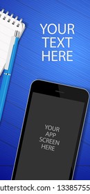 banner ads template with space for your text and editable smartphone screen to be filled with your own home page app, with notepad and pen. editable eps10 design