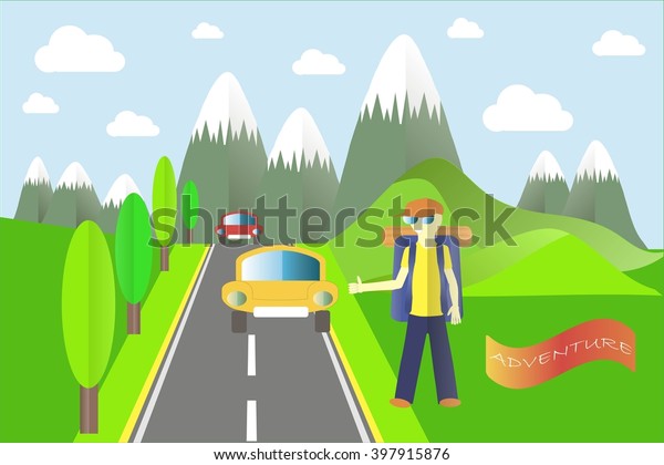 Banner\
Adventure. Mountain landscape in the summer. Dark green mountain\
with a white top, a grey asphalt road. The tourist stops the car.\
Modern flat design, design element,\
vector