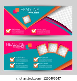 Anuncio para publicidad. Diseño de volante o conjunto de Plantilla de Web. Ilustración vectorial de fondo de promoción comercial. Color rosa, naranja y verde.