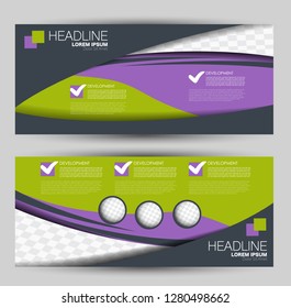 Banner for advertisement. Flyer design or web template set. Vector illustration commercial promotion background. Purple and green color.