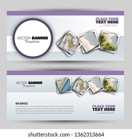 Banner for advertisement. Flyer design or web template set. Vector illustration commercial promotion background. Purple color.