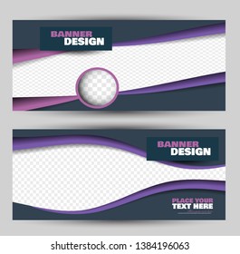 Banner for advertisement. Flyer design or web template set. Vector illustration commercial promotion background. Purple and grey color.