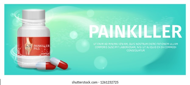 Banner Advertisement Packaging Painkiller Pils. 3d Vector Illustration Medication Lying Tablet Beside to Pack Pill Closeup Images Human Knee. Rheumatic Disease Treatment. Isolated on Green Background