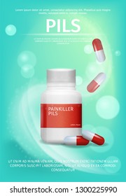 Banner Advertisement Packaging Painkiller Pils. 3d Vector Illustration Infographic Medication Falling Tablet Beside to Pack Pill. Rheumatic Disease Treatment. Rheumatologist Prescription