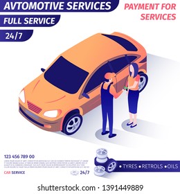 Banner Advertises Payment for Automotive Full Service. Woman Giving Cash Master for Repaired Car Buying Vehicle Maintenance. Vector Isometric 3d Illustration. Advertisement Poster with Contact Info