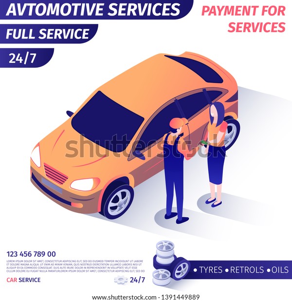 Banner Advertises Payment for Automotive Full
Service. Woman Giving Cash Master for Repaired Car Buying Vehicle
Maintenance. Vector Isometric 3d Illustration. Advertisement Poster
with Contact Info