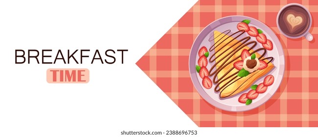 Banner for advertising breakfast time with pancakes. Tablecloth, pancake poured with chocolate and strawberries, cup of coffee with milk heart