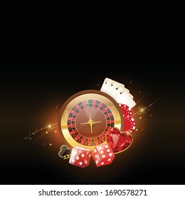 Banner for advertising casino games, poker, black jack. Roulette, chips, dices, casino symbols on dark background with golden sparks.