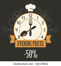 banner advertising discount evening in a restaurant with a clock and cutlery