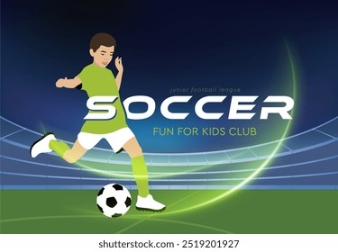 Banner advertising of a football match. Advertisement of football courses. The boy plays football in the stadium. The boy kicks the ball. Professional children's football