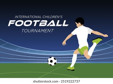 Banner advertising of a football match. Advertisement of football courses. The boy plays football in the stadium. The boy kicks the ball. Professional children's football