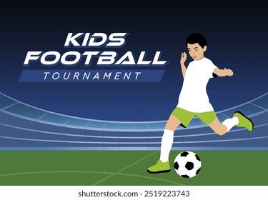 Banner advertising of a football match. Advertisement of football courses. The boy plays football in the stadium. The boy kicks the ball. Professional children's football