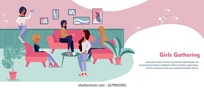 Banner Advertising Girls Gathering and Hen-Party Organization. Cartoon Female Friends Rest in Cafe. Pretty Happy Women Drinking Coffee. Place for Promotion Text. Vector Flat Illustration