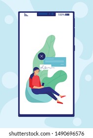 Banner Advertising New Interface or Application. Huge Mobile Screen with Flat Cartoon Woman Using Mobile Phone and Modern Software. Girl Sitting on Bag Chair over Foliage Backdrop. Vector Illustration