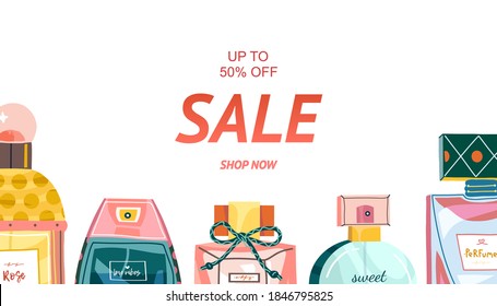 Banner for advertising. Perfume bottles is under clipping mask, isolated on white background. For shop, market, advertising, store.