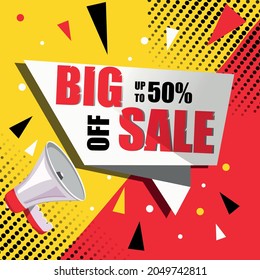 Banner with advertising sale multicolored. Red and yellow. Memphis style. Megaphone. Big discounts. Up to 50% off. Concept. Stock Vector illustration. Design for shops. Web.  Modern Background. Trade.