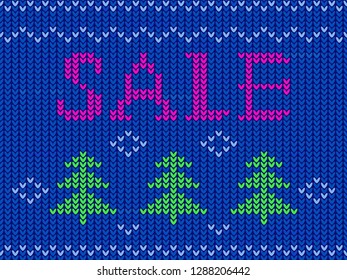 Banner for advertising sales of clothes. Knitted texture, ornament and Christmas trees.