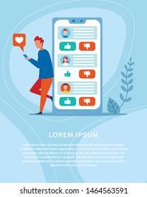 Banner Advertising Social Media and Networking. Red-Headed Young Cartoon Man Leaned Back to Huge Phone and Chatting, Messaging on Mobile, Giving Likes and Dislikes. Vector Flat Illustration