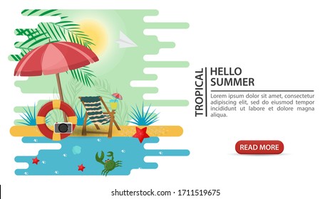 banner advertising summer vacation, lifebuoy, folding chair, photoport lie under an umbrella from the sun on a sandy beach for design design, flat vector illustration cartoon