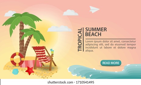 banner advertising, summer vacation, lounge chair under palm trees, on a sandy beach, for design design, flat vector illustration - Shutterstock ID 1710541495