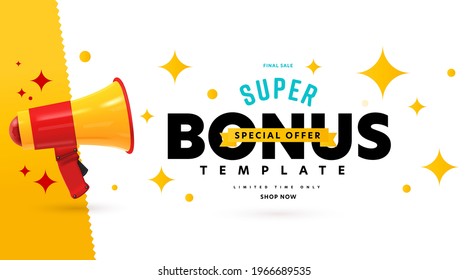 Banner advertising super bonus special offer on final sale. Announcement poster template with megaphone speaker for business and ecommerce promotion marketing limited time campaign vector illustration