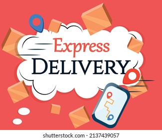 Banner advertising the transportation of parcels and cargo. Vector stock illustration. Red background. Navigation phone. Business. Delivery.