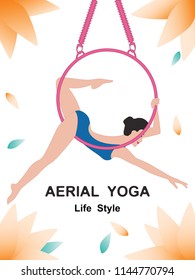 Banner - Aerial yoga - girl with a hoop-flowers - flat style - art vector