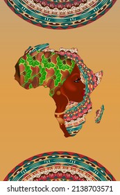 Banner of African woman, face profile silhouette with turban in the shape of a map of Africa. Colorful Afro print tribal logo design template. Vector illustration isolated on colorful background 