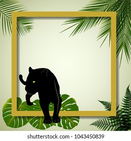 Banner against a background of tropical  leaves. Leaves of ferns, palms and black panther. Vector illustration.