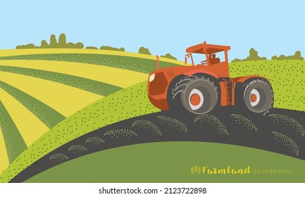 Banner of the agricultural concept. A tractor is plowing in a field among farmlands. Vector rural background for the design of leaflets or booklets.