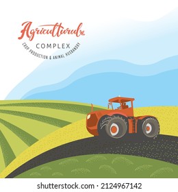 Banner of the agricultural concept. A tractor is plowing in a field among farmlands. Vector rural background for the design of leaflets or booklets.