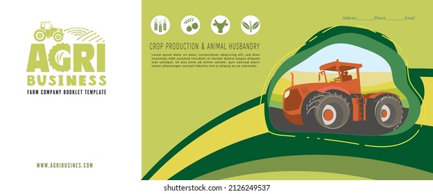 Banner of the agricultural concept. A tractor is plowing in a field among farmlands. Vector rural background for the design of leaflets or booklets.