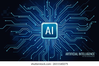Banner with AI microchip. Tech blue background with artificial intelligence on motherboard, CPU processor or semiconductor. Light circuit board. Realistic neon vector illustration