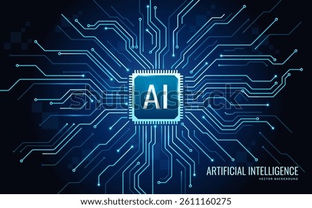 Banner with AI microchip. Tech blue background with artificial intelligence on motherboard, CPU processor or semiconductor. Light circuit board. Realistic neon vector illustration
