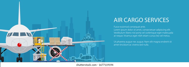 Servicios de carga aérea y de carga, avión con cargador automático en el aeropuerto en el fondo de la ciudad y texto, descarga o carga de mercancías en el avión, ilustración vectorial