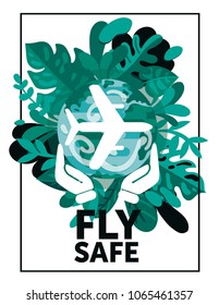 banner for air safety, our planet in floral frame on white background, can be used as logotype, vector illustration