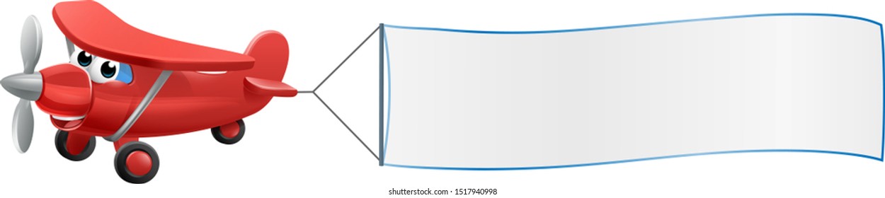 Banner airplane cartoon character mascot. An illustration of a cute red small or toy aeroplane pulling a sign