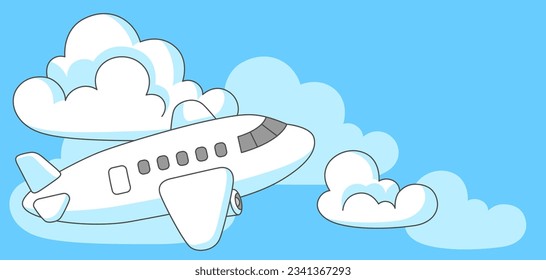 Banner with airplane and clouds. Travel illustration and tourism background.