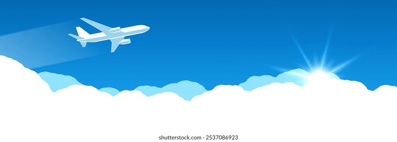 Banner with airplane flying in the blue sky over clouds. Vector background