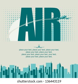 banner with an airplane flying over a major city