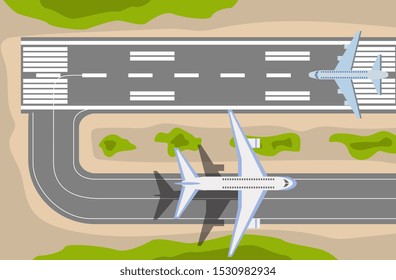 Banner with airplane taxiing and preparing for take off on runway at the airport, top view. Passenger aircraft beside airport building vector illustration in flat style.