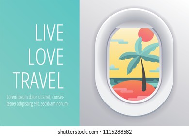 Banner with airplane window. flat illustration with place for text. Porthole, view on the tropical island